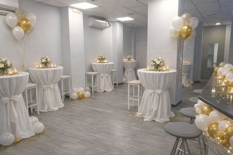Evento elegante con decoración blanca, dorada y velas en Espacios Rondan Sevilla